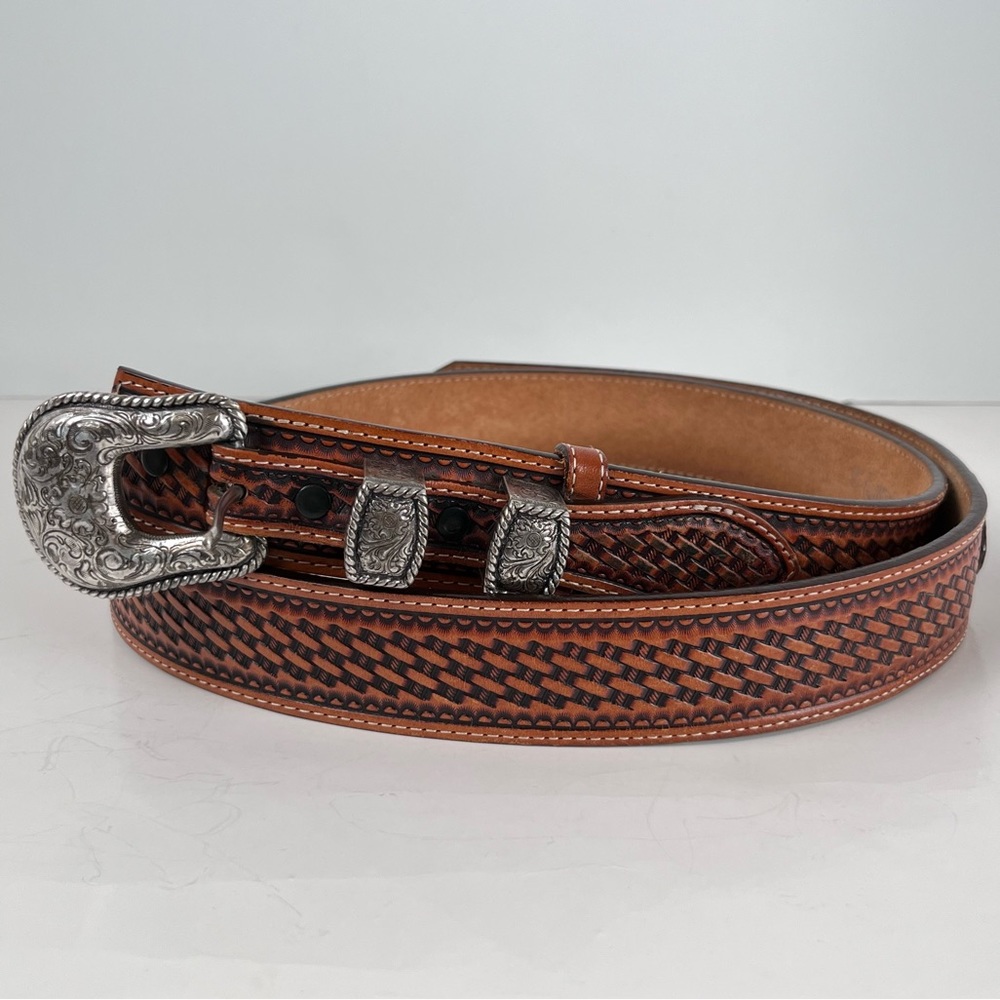 Justin Belts Men’s Sz 40 Basketweave Leather Ranger Brown C11884